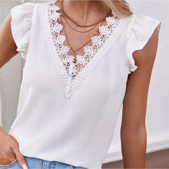 SHEIN lace v-neck, ruffle sleeve blouse top in white,  size L - Picture 4 of 5